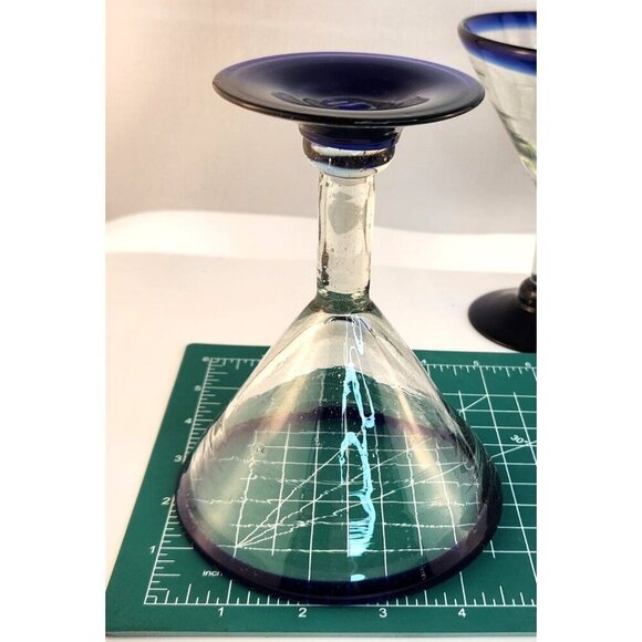 Retro MEXICO Hand Blown Cobalt Rim & Foot 12oz Stemmed MARTINI GLASSES Set of 4 - Picture 3 of 10